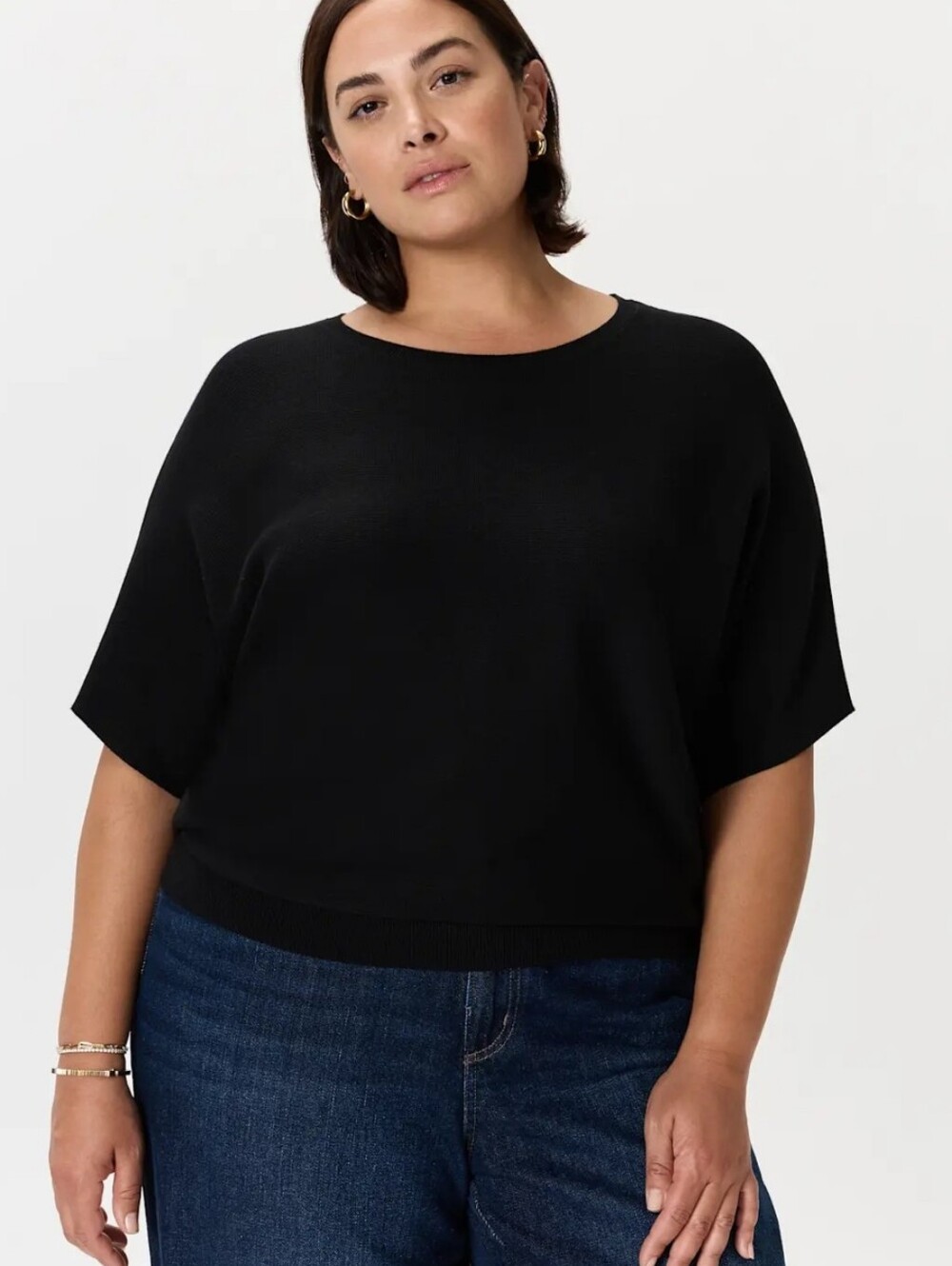 Quince 2X Black Lightweight Cotton Cashmere Dolman Sleeve Sweater Plus Size
